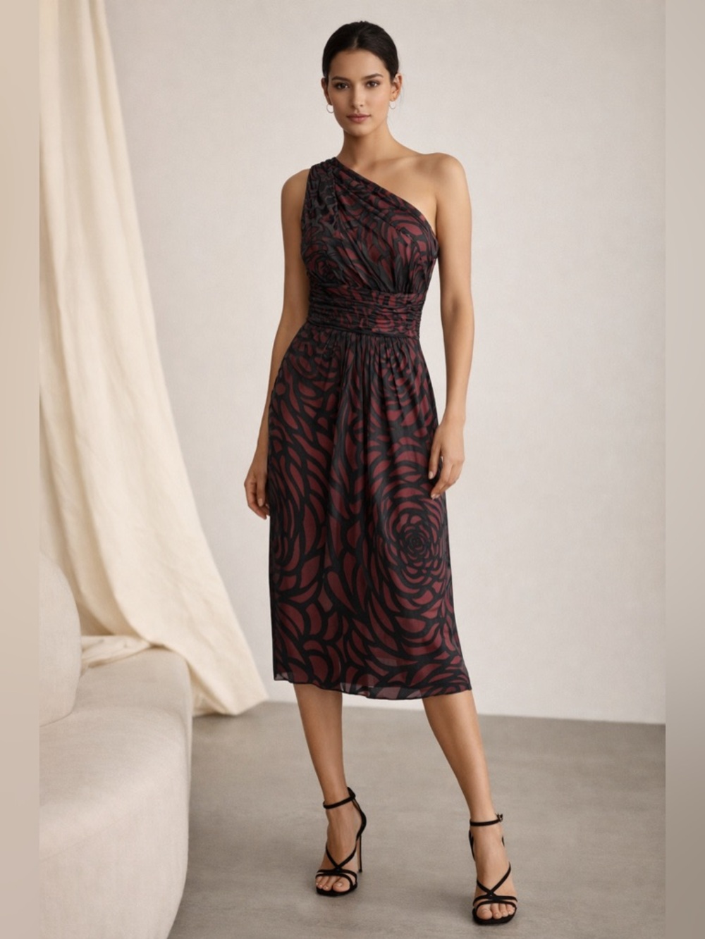 Le Chateau One-Shoulder Black Red Midi Silk Evening Cocktail Prom Formal Dress - Picture 16 of 16